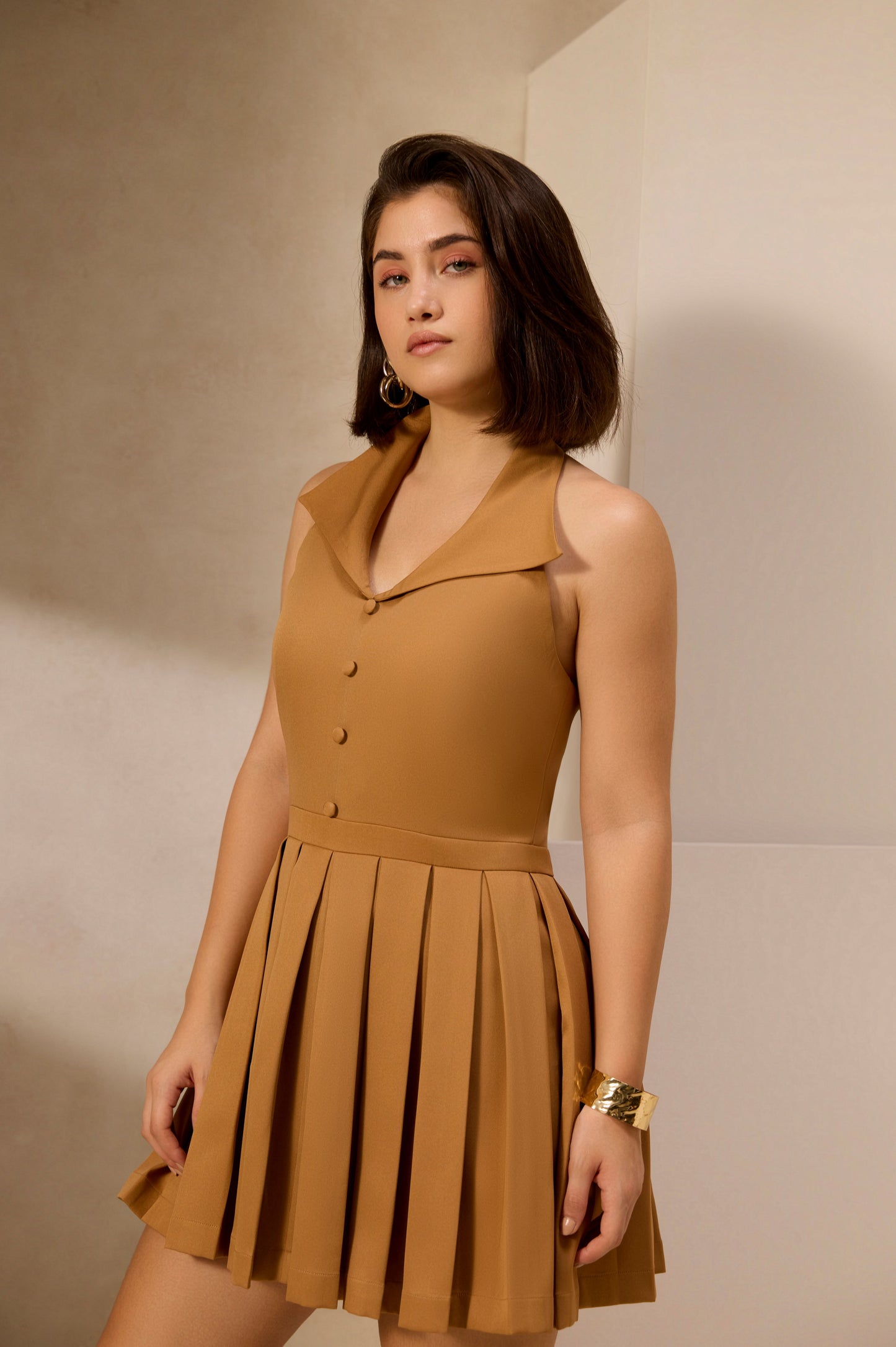 Mocha Pleated Mini Dress