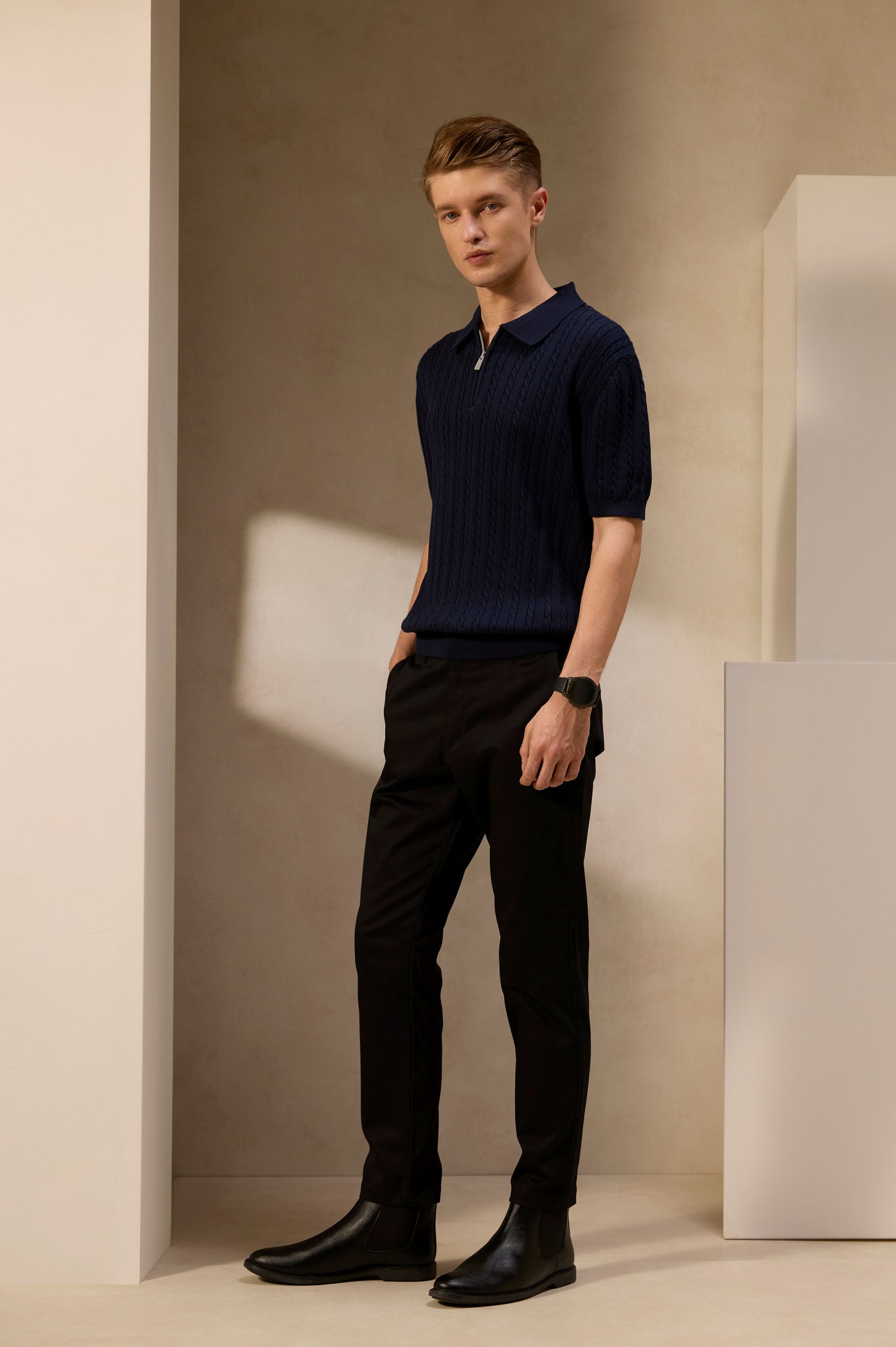 Navy Cable-Knit Zip Shirt