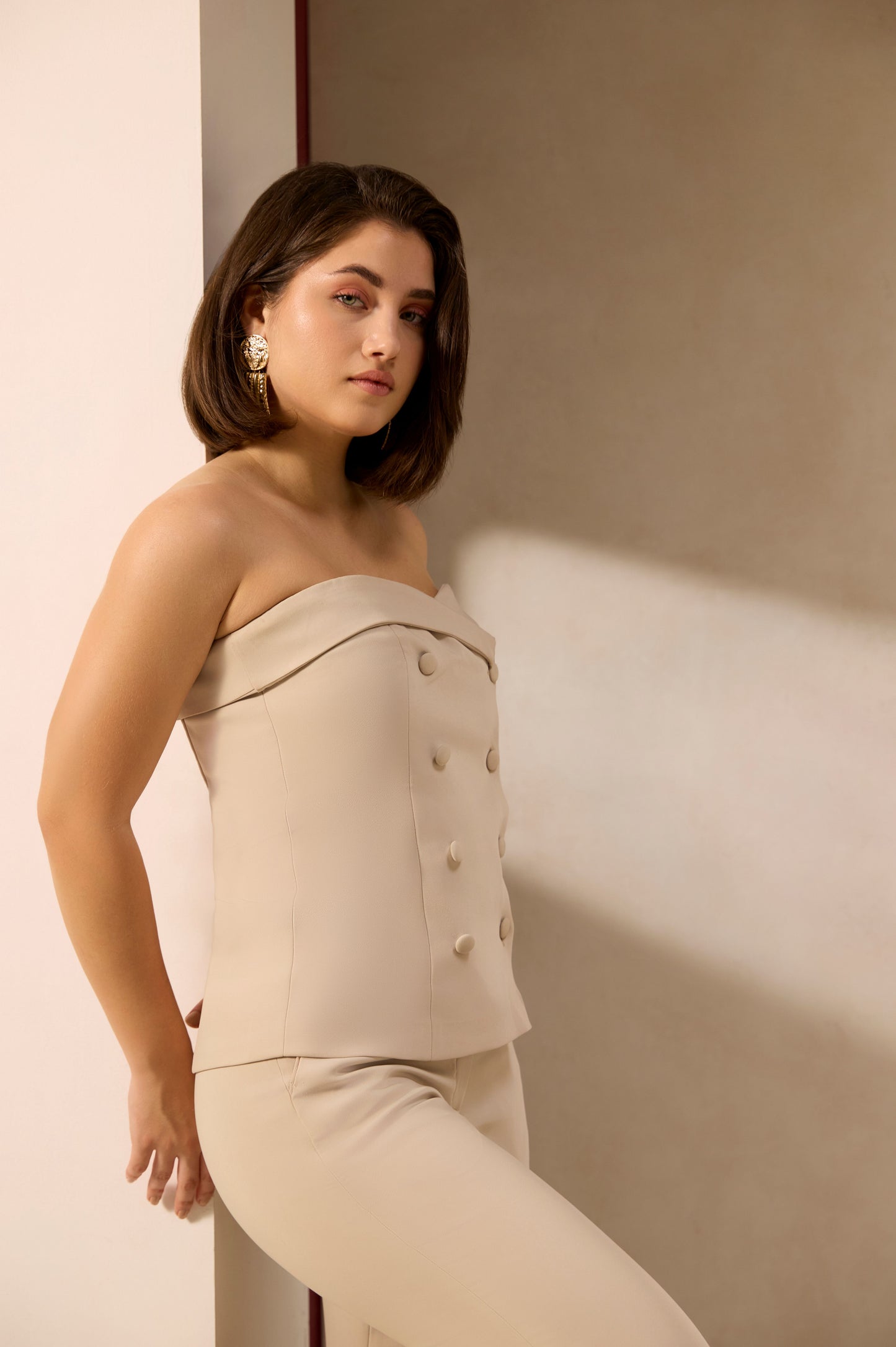 Beige Double-Breasted Tailored Top