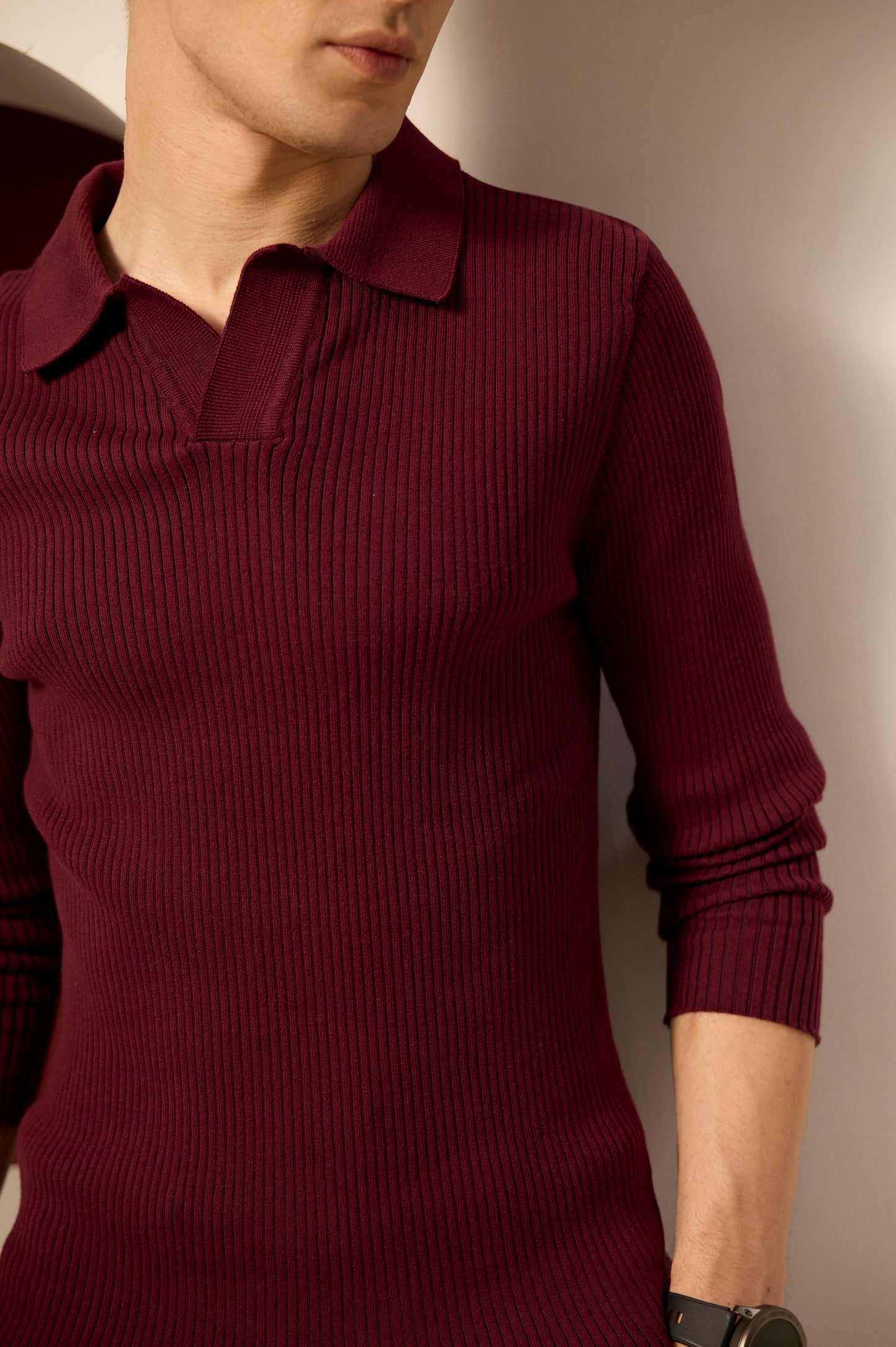 Luxe Wine Ribbed Knit Shirt