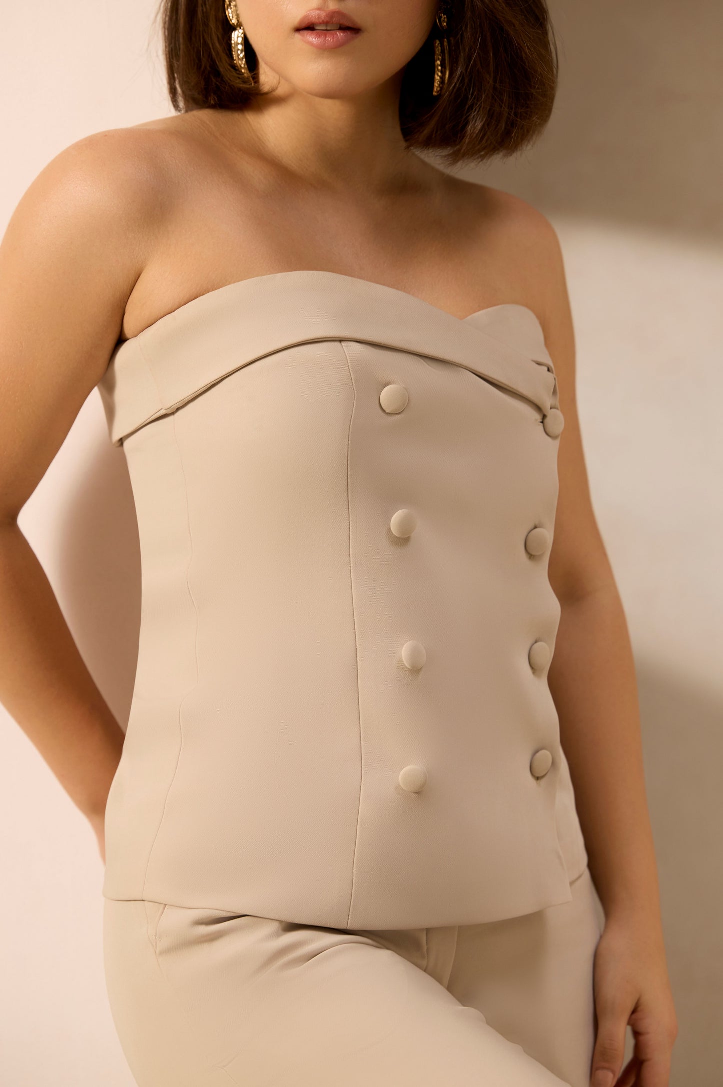 Beige Double-Breasted Tailored Top