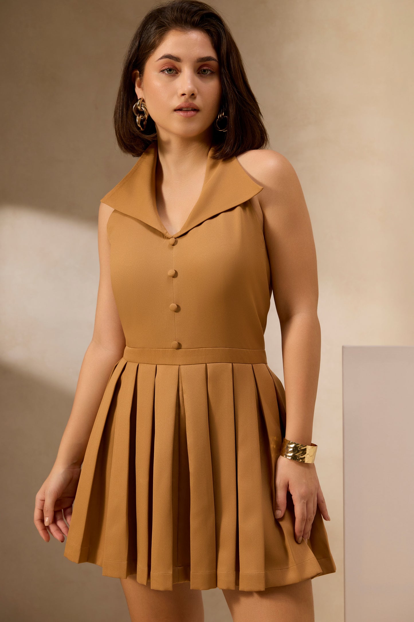 Mocha Pleated Mini Dress