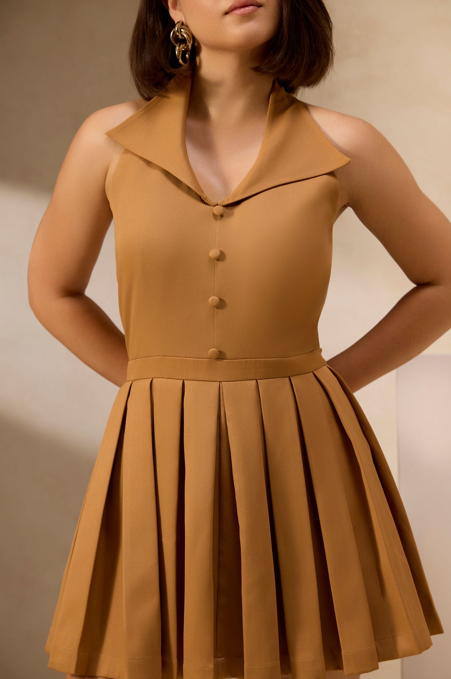 Mocha Pleated Mini Dress