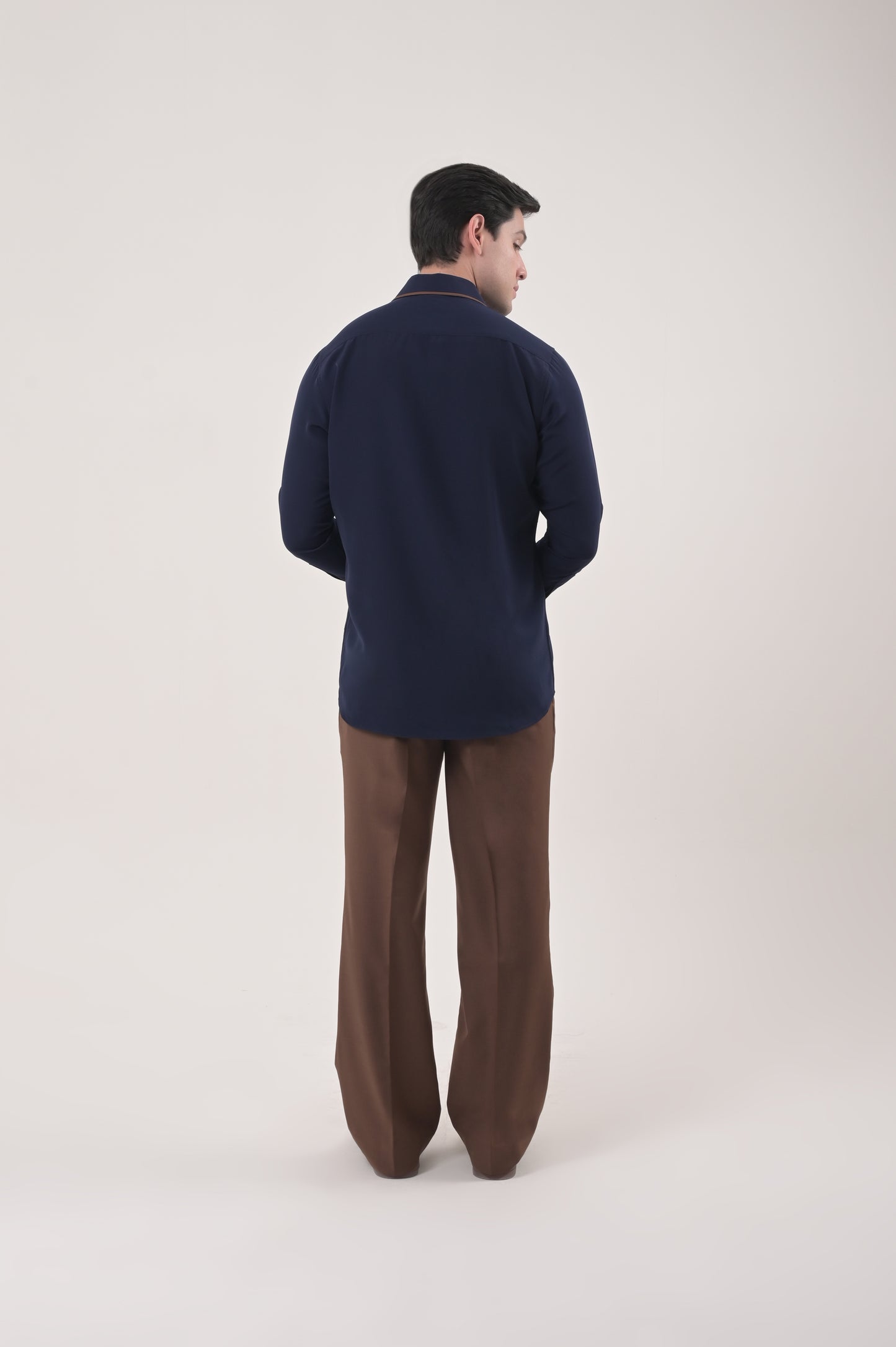 Navy Shirt with Brown Piping