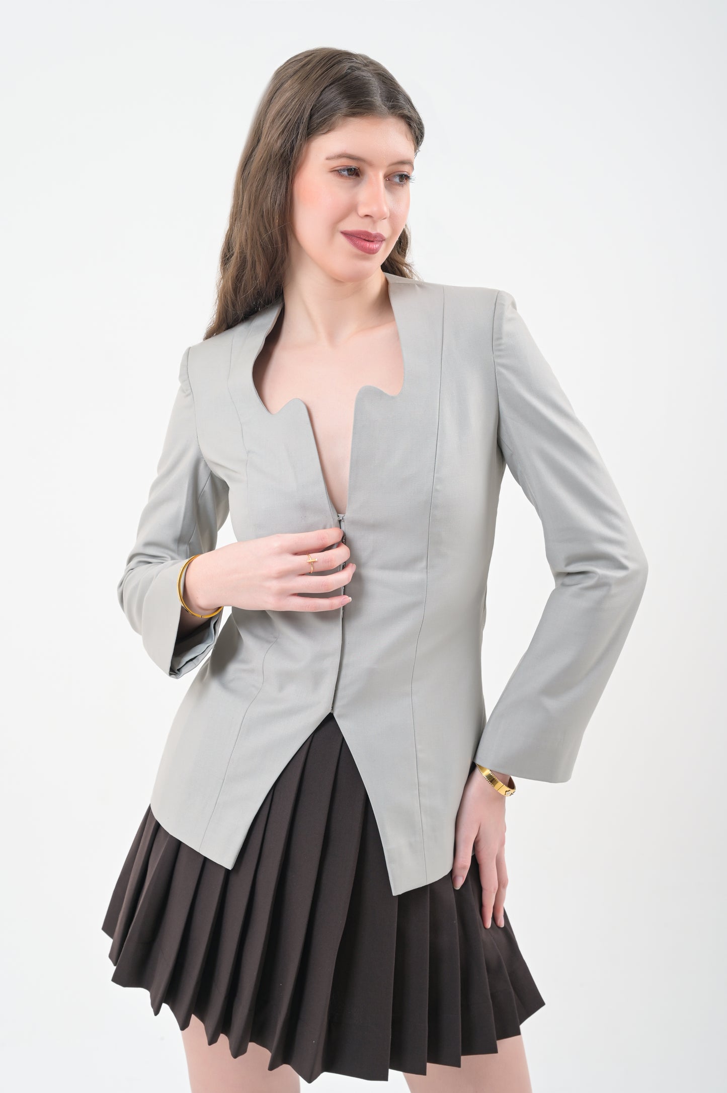 Grey Tailored Top with Brown Pleated Mini Skirt