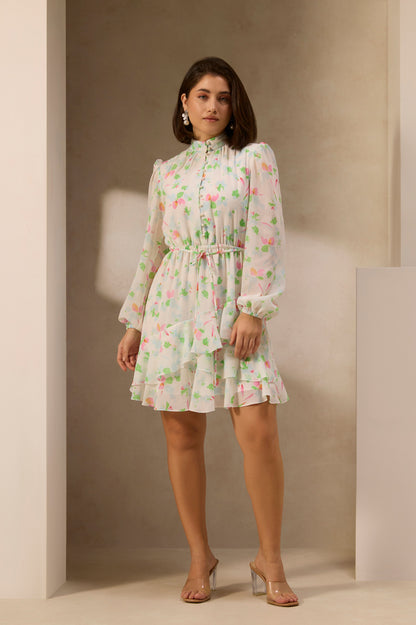 White Floral Printed Mini Dress