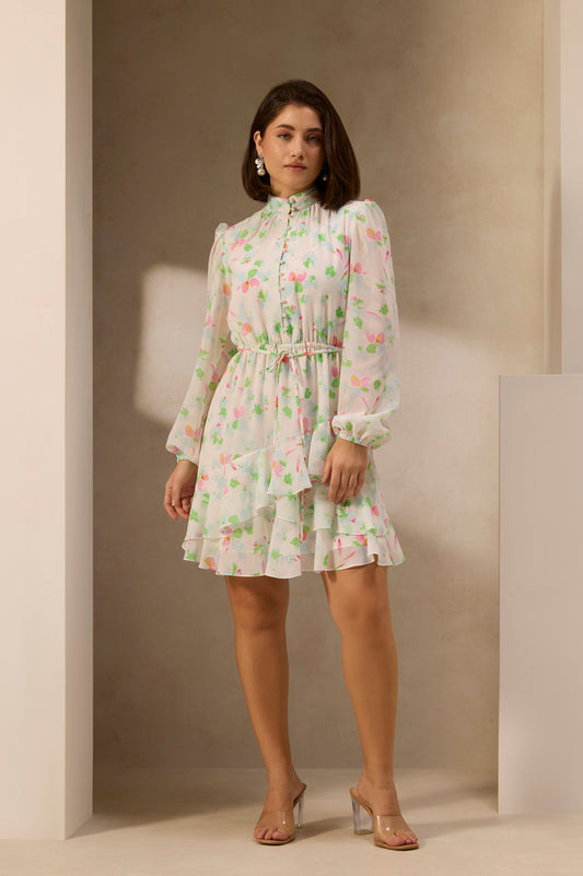 White Floral Printed Mini Dress