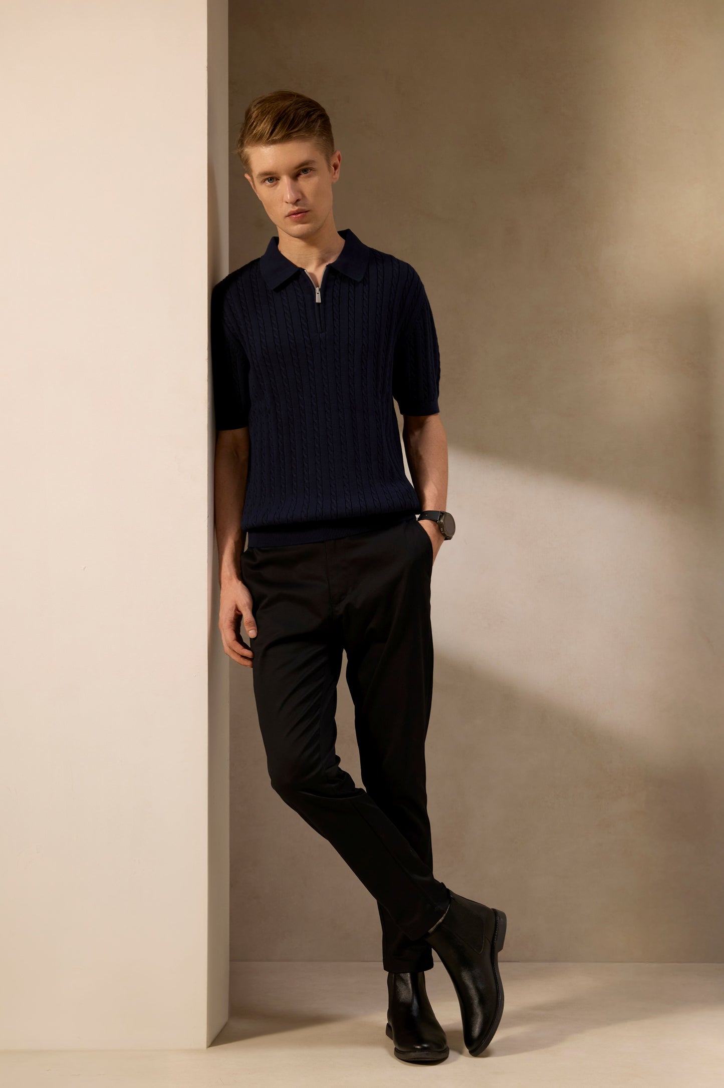 Navy Cable-Knit Zip Shirt