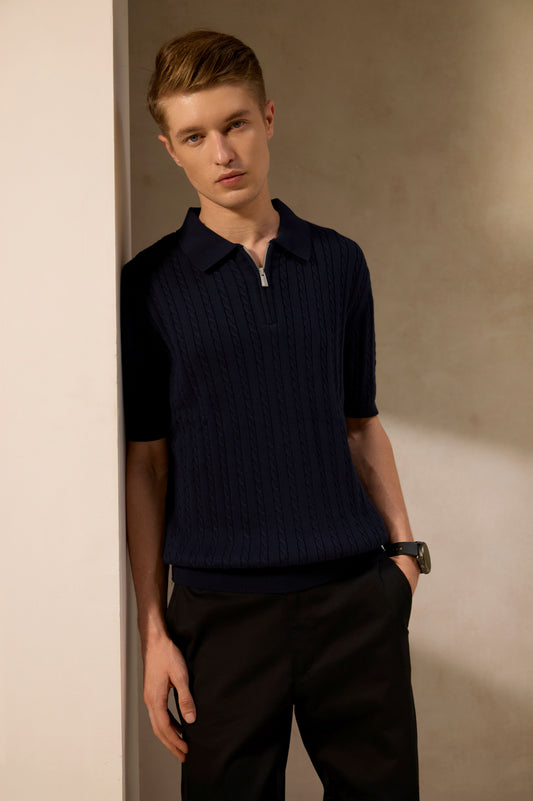 Navy Cable-Knit Zip Shirt