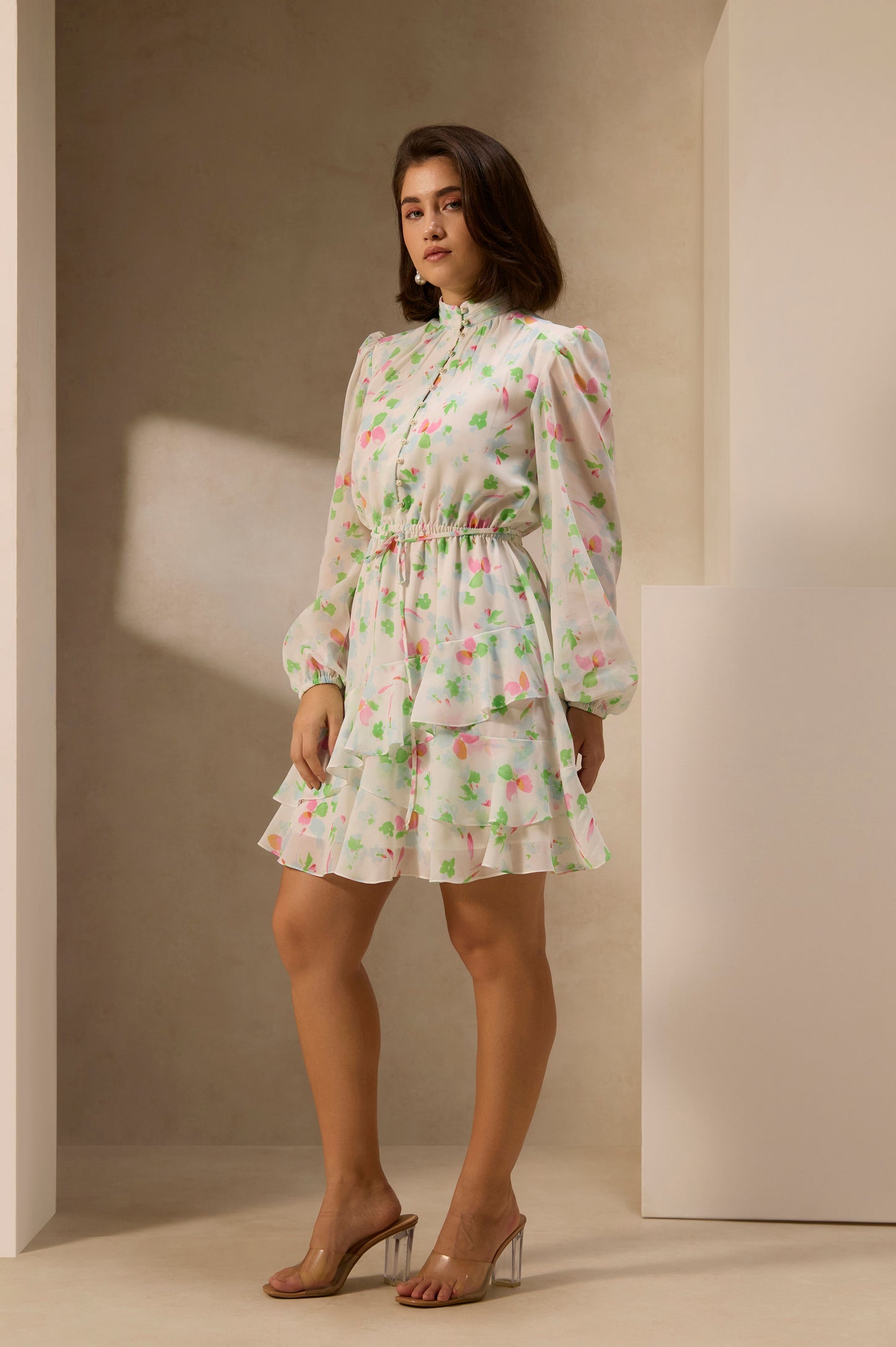 White Floral Printed Mini Dress