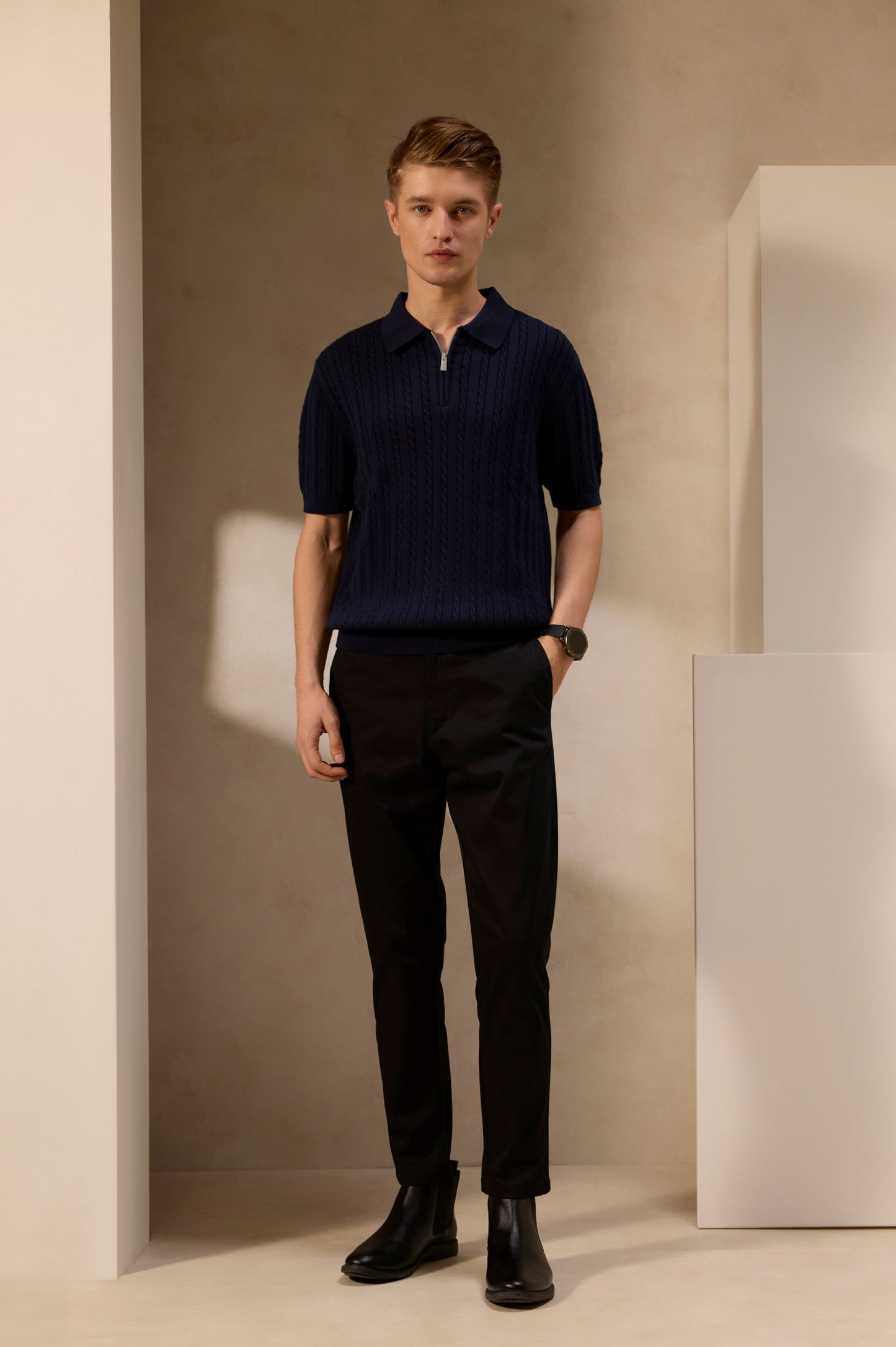 Navy Cable-Knit Zip Shirt