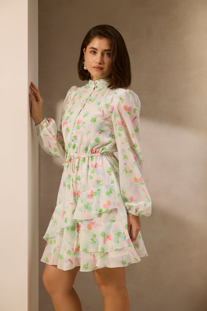 White Floral Printed Mini Dress