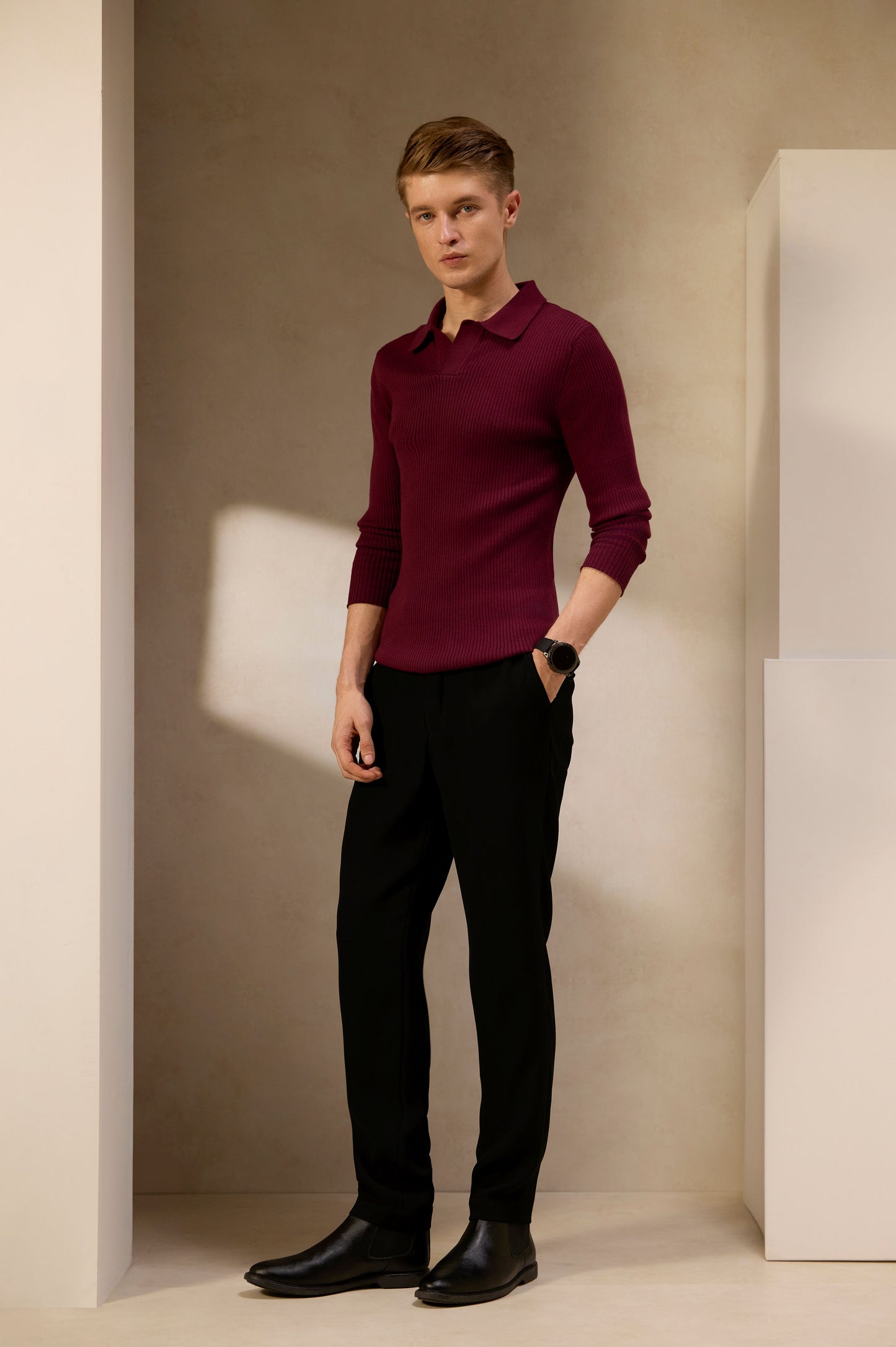 Luxe Wine Ribbed Knit Shirt