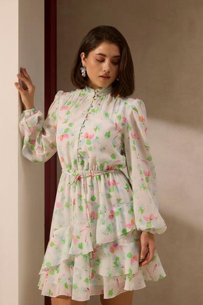 White Floral Printed Mini Dress