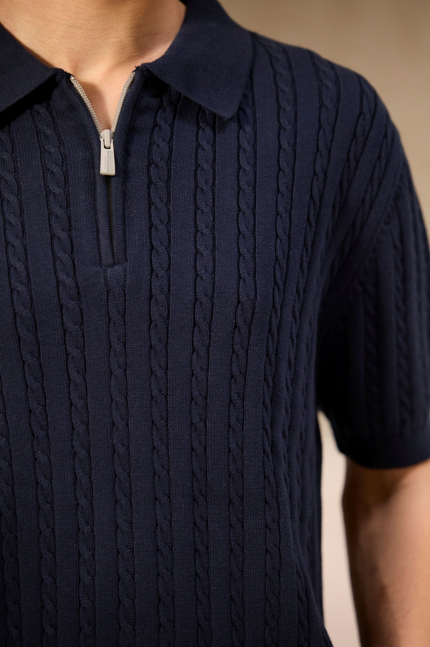 Navy Cable-Knit Zip Shirt